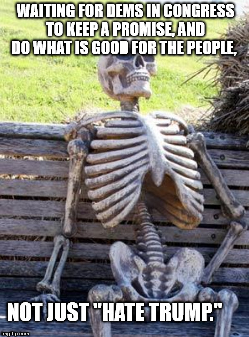 Waiting Skeleton | WAITING FOR DEMS IN CONGRESS TO KEEP A PROMISE, AND DO WHAT IS GOOD FOR THE PEOPLE, NOT JUST "HATE TRUMP." | image tagged in memes,waiting skeleton | made w/ Imgflip meme maker