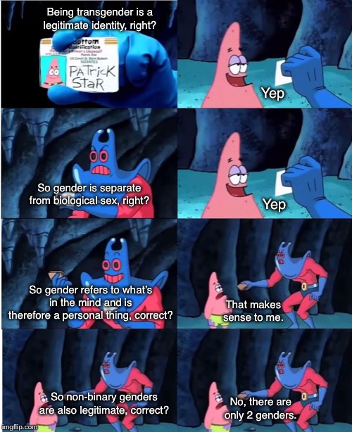 Patrick Star and Man Ray | Being transgender is a legitimate identity, right? Yep; Yep; So gender is separate from biological sex, right? So gender refers to what’s in the mind and is therefore a personal thing, correct? That makes sense to me. So non-binary genders are also legitimate, correct? No, there are only 2 genders. | image tagged in patrick star and man ray | made w/ Imgflip meme maker
