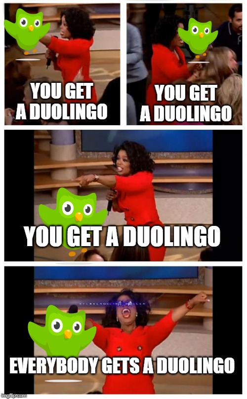 Oprah You Get A Duolingo Everybody Gets A Duolingo | YOU GET A DUOLINGO; YOU GET A DUOLINGO; YOU GET A DUOLINGO; EVERYBODY GETS A DUOLINGO | image tagged in memes,oprah you get a car everybody gets a car | made w/ Imgflip meme maker