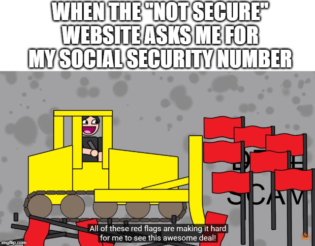 The most basic mode of use for this template | WHEN THE "NOT SECURE" WEBSITE ASKS ME FOR MY SOCIAL SECURITY NUMBER | image tagged in terrible writing advice red flags | made w/ Imgflip meme maker