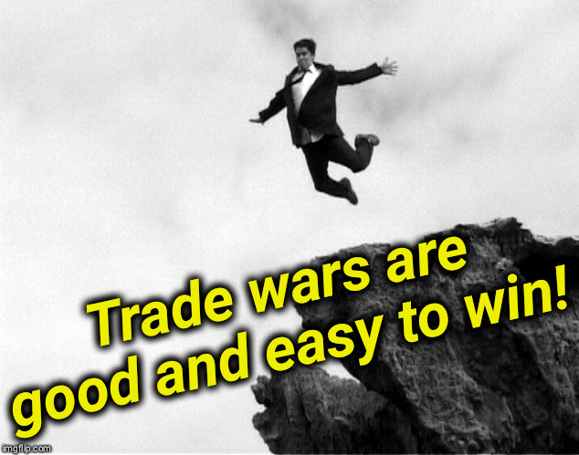So, the Chinese won't cave. Now what? | Trade wars are good and easy to win! | image tagged in man jumping off a cliff,trump,trade war,china,tariffs,protectionism | made w/ Imgflip meme maker