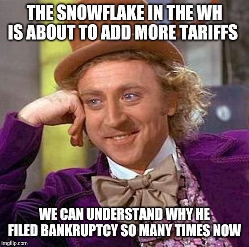 Creepy Condescending Wonka | THE SNOWFLAKE IN THE WH IS ABOUT TO ADD MORE TARIFFS; WE CAN UNDERSTAND WHY HE FILED BANKRUPTCY SO MANY TIMES NOW | image tagged in memes,creepy condescending wonka | made w/ Imgflip meme maker