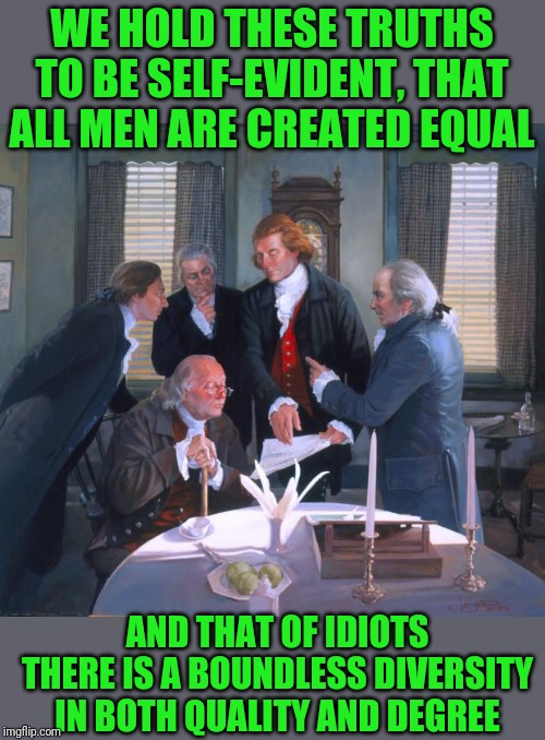 Omitted line | WE HOLD THESE TRUTHS TO BE SELF-EVIDENT, THAT ALL MEN ARE CREATED EQUAL; AND THAT OF IDIOTS THERE IS A BOUNDLESS DIVERSITY IN BOTH QUALITY AND DEGREE | image tagged in founding fathers,idiots r not equal | made w/ Imgflip meme maker