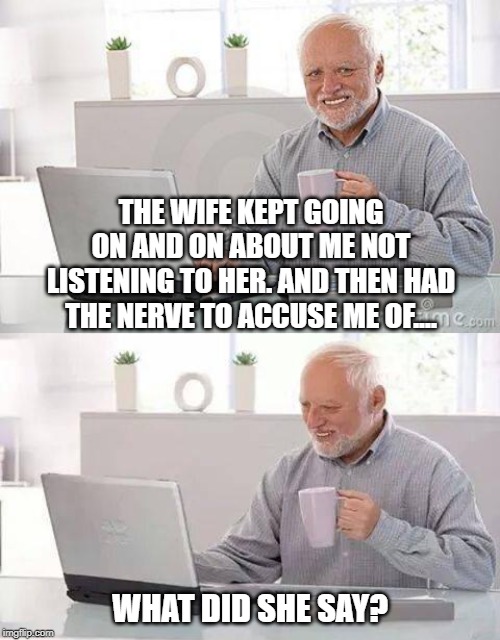 Huh? | THE WIFE KEPT GOING ON AND ON ABOUT ME NOT LISTENING TO HER. AND THEN HAD THE NERVE TO ACCUSE ME OF.... WHAT DID SHE SAY? | image tagged in memes,hide the pain harold,hide the pain harold smile,relationships,wife | made w/ Imgflip meme maker