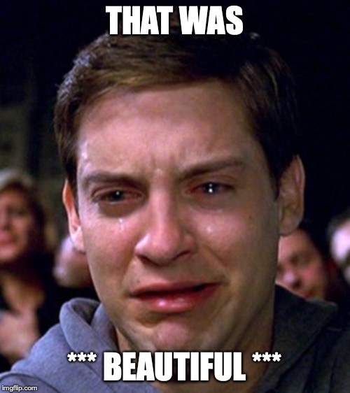 crying peter parker | THAT WAS *** BEAUTIFUL *** | image tagged in crying peter parker | made w/ Imgflip meme maker