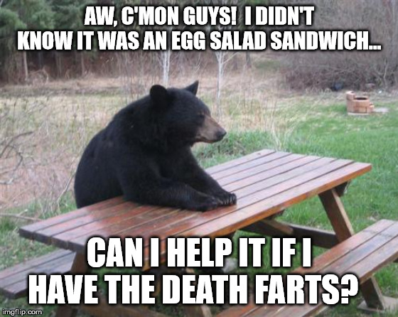 The Death Farts |  AW, C'MON GUYS!  I DIDN'T KNOW IT WAS AN EGG SALAD SANDWICH... CAN I HELP IT IF I HAVE THE DEATH FARTS? | image tagged in memes,bad luck bear,egg salad,farts,death farts,killer flatulence | made w/ Imgflip meme maker