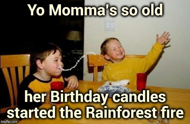 We have to blame someone | Yo Momma's so old; her Birthday candles started the Rainforest fire | image tagged in yo momma so fat,fire,happy birthday,old people,birthday cake,ice cream | made w/ Imgflip meme maker