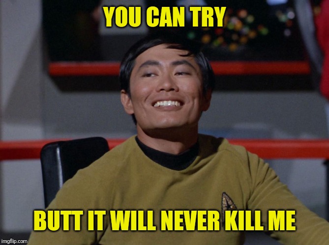Sulu smug | YOU CAN TRY BUTT IT WILL NEVER KILL ME | image tagged in sulu smug | made w/ Imgflip meme maker