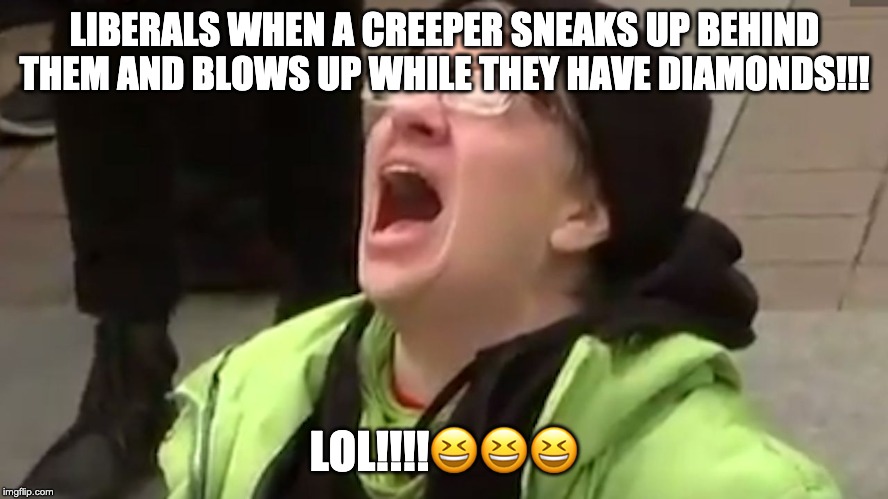 Screaming Liberal  | LIBERALS WHEN A CREEPER SNEAKS UP BEHIND THEM AND BLOWS UP WHILE THEY HAVE DIAMONDS!!! LOL!!!!😆😆😆 | image tagged in screaming liberal | made w/ Imgflip meme maker