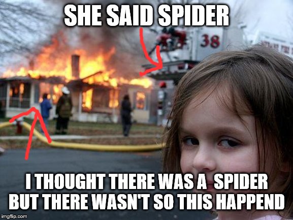 Disaster Girl | SHE SAID SPIDER; I THOUGHT THERE WAS A  SPIDER BUT THERE WASN'T SO THIS HAPPEND | image tagged in memes,disaster girl | made w/ Imgflip meme maker