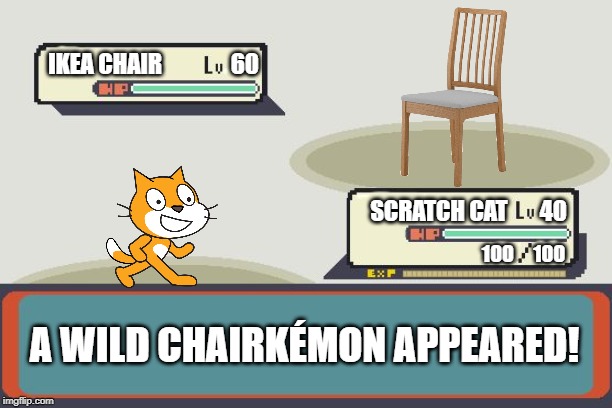 Pokemon Battle | IKEA CHAIR               60; SCRATCH CAT       40; 100     100; A WILD CHAIRKÉMON APPEARED! | image tagged in pokemon battle | made w/ Imgflip meme maker