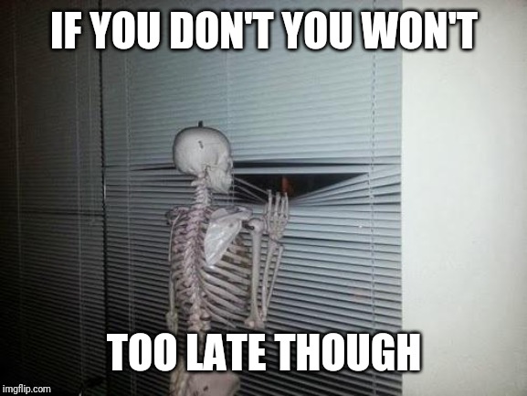 Skeleton Looking Out Window | IF YOU DON'T YOU WON'T TOO LATE THOUGH | image tagged in skeleton looking out window | made w/ Imgflip meme maker