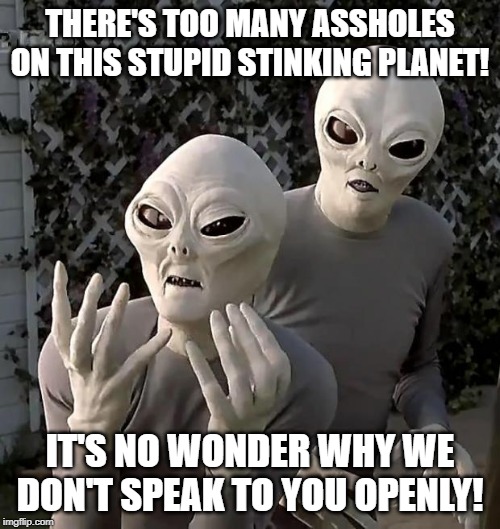 Frustrated Aliens | THERE'S TOO MANY ASSHOLES ON THIS STUPID STINKING PLANET! IT'S NO WONDER WHY WE DON'T SPEAK TO YOU OPENLY! | image tagged in frustrated aliens | made w/ Imgflip meme maker