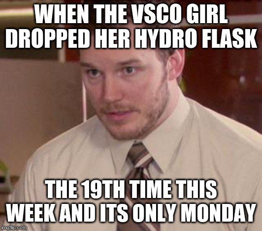 Afraid To Ask Andy (Closeup) | WHEN THE VSCO GIRL DROPPED HER HYDRO FLASK; THE 19TH TIME THIS WEEK AND ITS ONLY MONDAY | image tagged in memes,afraid to ask andy closeup | made w/ Imgflip meme maker
