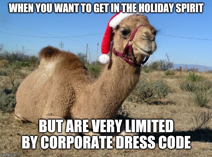 Christmas Camel | WHEN YOU WANT TO GET IN THE HOLIDAY SPIRIT; BUT ARE VERY LIMITED BY CORPORATE DRESS CODE | image tagged in christmas camel | made w/ Imgflip meme maker