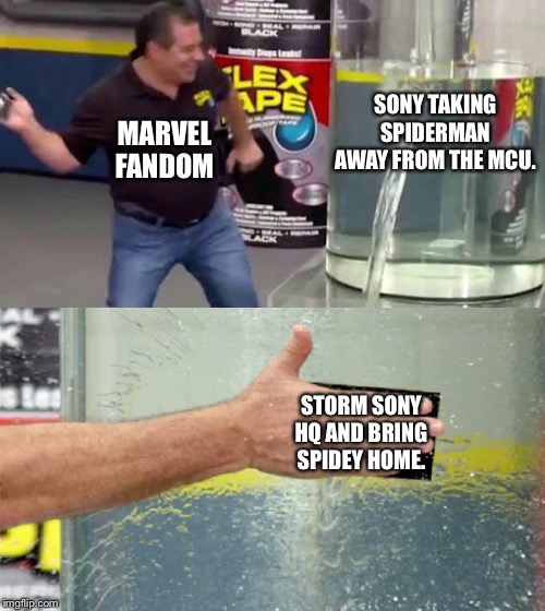 Flex Tape | SONY TAKING SPIDERMAN AWAY FROM THE MCU. MARVEL FANDOM; STORM SONY HQ AND BRING SPIDEY HOME. | image tagged in flex tape | made w/ Imgflip meme maker