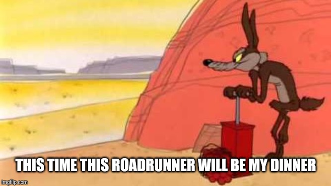 Wile e coyote dynamite | THIS TIME THIS ROADRUNNER WILL BE MY DINNER | image tagged in wile e coyote dynamite | made w/ Imgflip meme maker