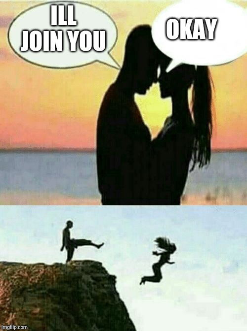 Romantic Cliff Couple | ILL JOIN YOU OKAY | image tagged in romantic cliff couple | made w/ Imgflip meme maker