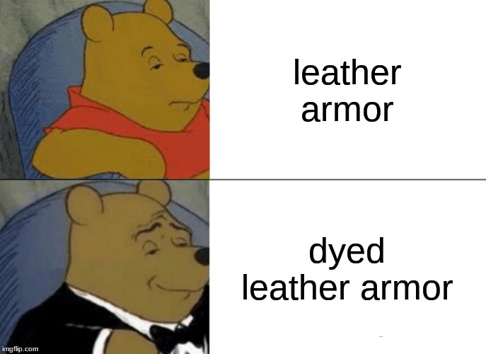 Tuxedo Winnie The Pooh Meme | leather armor; dyed leather armor | image tagged in memes,tuxedo winnie the pooh | made w/ Imgflip meme maker