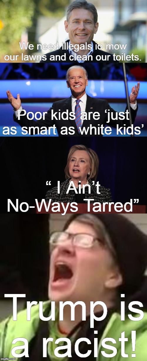 We need illegals io mow our lawns and clean our toilets. Poor kids are ‘just as smart as white kids’; “ I Ain’t No-Ways Tarred”; Trump is a racist! | image tagged in tom milinowski | made w/ Imgflip meme maker