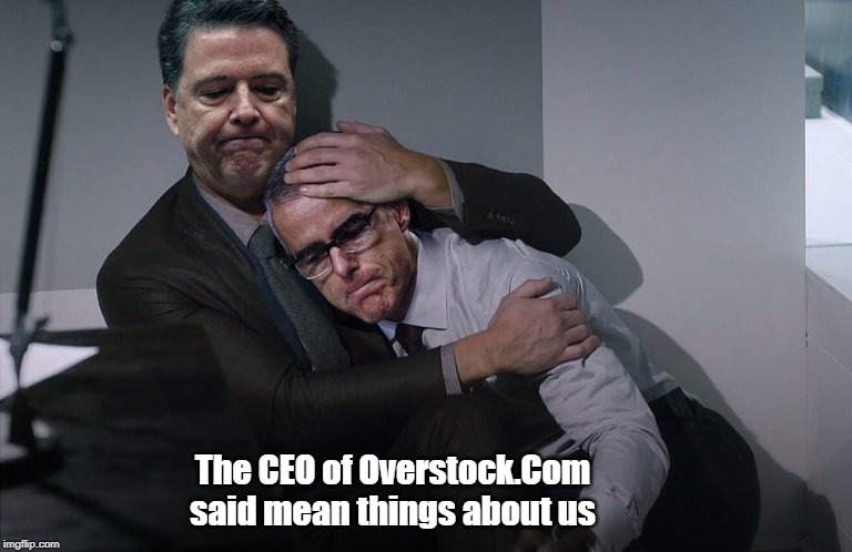 Patrick Byrne Stepped out and spoke out | The CEO of Overstock.Com said mean things about us | image tagged in fbi,patrick byrne,overstock,russia collusion | made w/ Imgflip meme maker