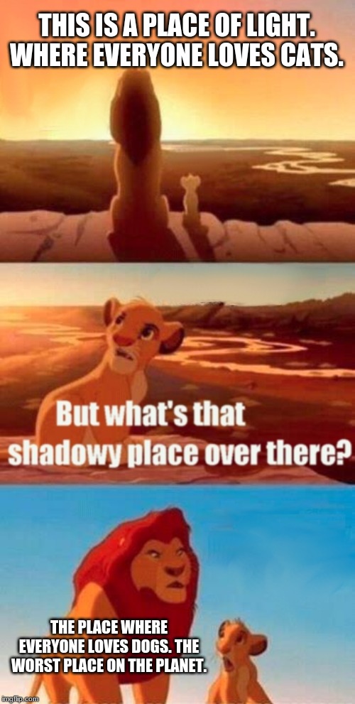 Everyone loves cats! (No offence to dog lovers and owners) | THIS IS A PLACE OF LIGHT. WHERE EVERYONE LOVES CATS. THE PLACE WHERE EVERYONE LOVES DOGS. THE WORST PLACE ON THE PLANET. | image tagged in memes,simba shadowy place,no offense,no offence,everyone loves cats,place of light | made w/ Imgflip meme maker
