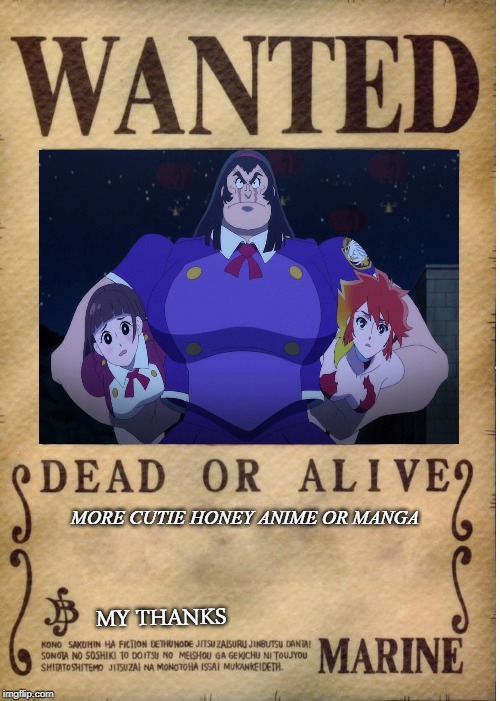 One piece wanted poster template | MORE CUTIE HONEY ANIME OR MANGA; MY THANKS | image tagged in one piece wanted poster template | made w/ Imgflip meme maker