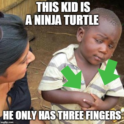 Third World Skeptical Kid Meme | THIS KID IS A NINJA TURTLE; HE ONLY HAS THREE FINGERS | image tagged in memes,third world skeptical kid | made w/ Imgflip meme maker