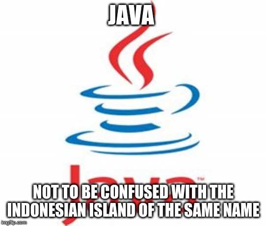 java logo | JAVA; NOT TO BE CONFUSED WITH THE INDONESIAN ISLAND OF THE SAME NAME | image tagged in memes,java,indonesia | made w/ Imgflip meme maker