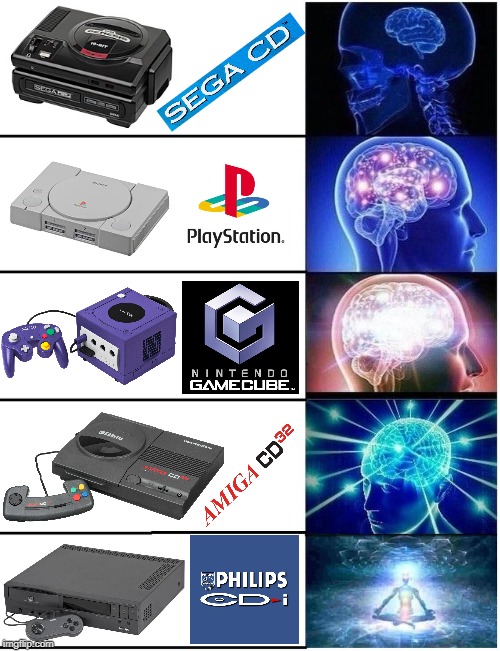 CD-based consoles | image tagged in memes,expanding brain,console wars,playstation,gamecube,sega | made w/ Imgflip meme maker
