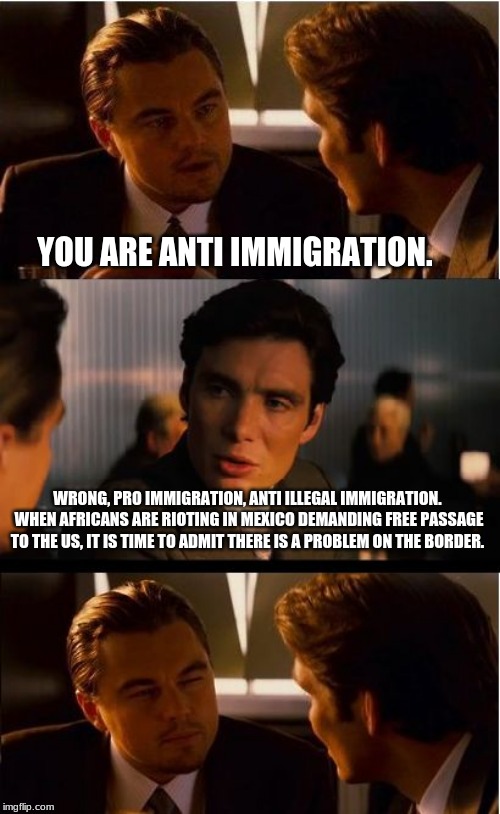 It is time to investigate the international flow of illegal aliens. | YOU ARE ANTI IMMIGRATION. WRONG, PRO IMMIGRATION, ANTI ILLEGAL IMMIGRATION.  WHEN AFRICANS ARE RIOTING IN MEXICO DEMANDING FREE PASSAGE TO THE US, IT IS TIME TO ADMIT THERE IS A PROBLEM ON THE BORDER. | image tagged in memes,inception,illegal immigration,immigration,migrants,human trafficking | made w/ Imgflip meme maker