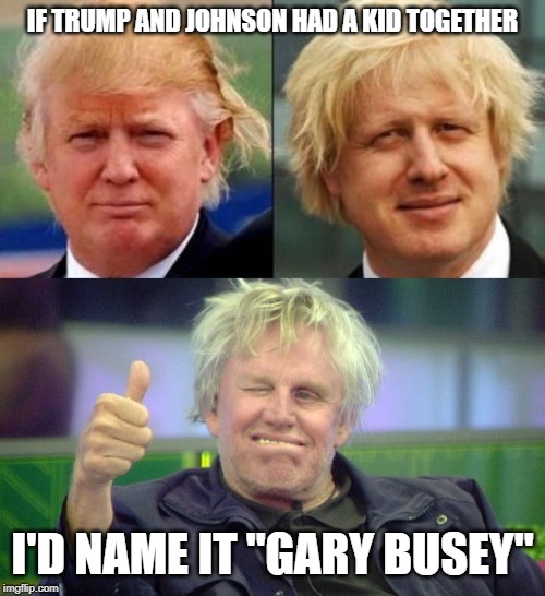 Donald Trump and Boris Johnson's kid Gary Busey | IF TRUMP AND JOHNSON HAD A KID TOGETHER; I'D NAME IT "GARY BUSEY" | image tagged in donald trump,trump,boris johnson,boris,gary busey | made w/ Imgflip meme maker