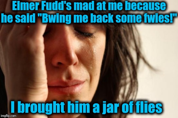 I can't wait till he gets his own place! | Elmer Fudd's mad at me because he said "Bwing me back some fwies!"; I brought him a jar of flies | image tagged in memes,first world problems | made w/ Imgflip meme maker