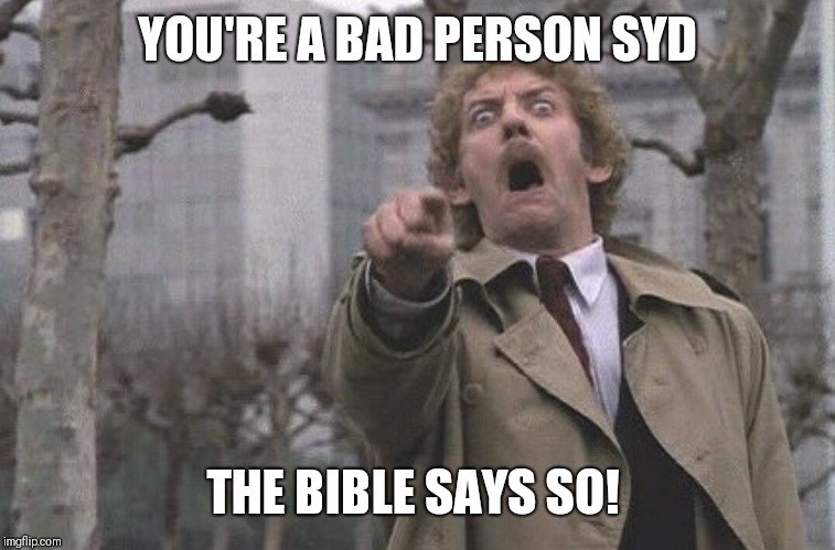 Body Snatchers Scream | YOU'RE A BAD PERSON SYD THE BIBLE SAYS SO! | image tagged in body snatchers scream | made w/ Imgflip meme maker