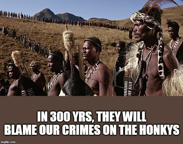 ZULU | IN 300 YRS, THEY WILL BLAME OUR CRIMES ON THE HONKYS | image tagged in zulu | made w/ Imgflip meme maker