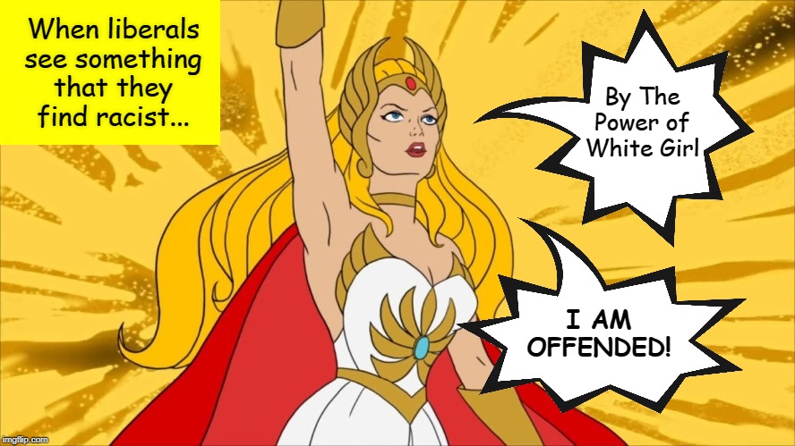 It's funny, but it's no joke. | When liberals see something that they find racist... By The Power of White Girl; I AM OFFENDED! | image tagged in she ra,liberal logic,silly liberals,racism,racist,memes | made w/ Imgflip meme maker