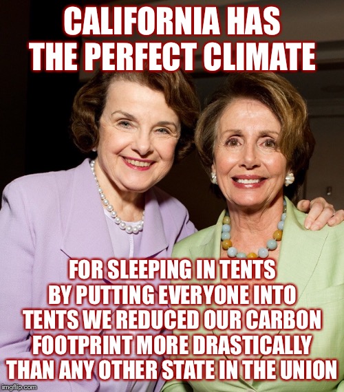 CALIFORNIA HAS THE PERFECT CLIMATE FOR SLEEPING IN TENTS BY PUTTING EVERYONE INTO TENTS WE REDUCED OUR CARBON FOOTPRINT MORE DRASTICALLY THA | made w/ Imgflip meme maker