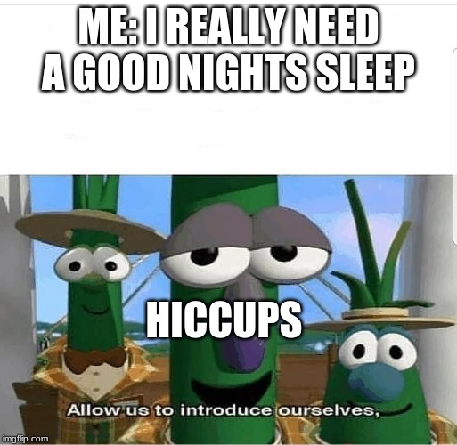 Allow us to introduce ourselves | ME: I REALLY NEED A GOOD NIGHTS SLEEP; HICCUPS | image tagged in allow us to introduce ourselves | made w/ Imgflip meme maker
