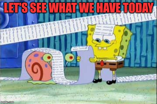 Spongebob's List | LET'S SEE WHAT WE HAVE TODAY | image tagged in spongebob's list | made w/ Imgflip meme maker