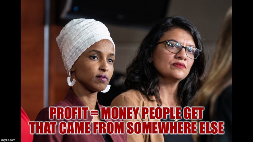 Omar & Tlaib | PROFIT = MONEY PEOPLE GET THAT CAME FROM SOMEWHERE ELSE | image tagged in omar  tlaib | made w/ Imgflip meme maker