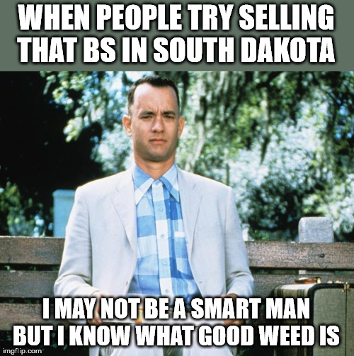 forrest | WHEN PEOPLE TRY SELLING THAT BS IN SOUTH DAKOTA; I MAY NOT BE A SMART MAN BUT I KNOW WHAT GOOD WEED IS | image tagged in weed | made w/ Imgflip meme maker