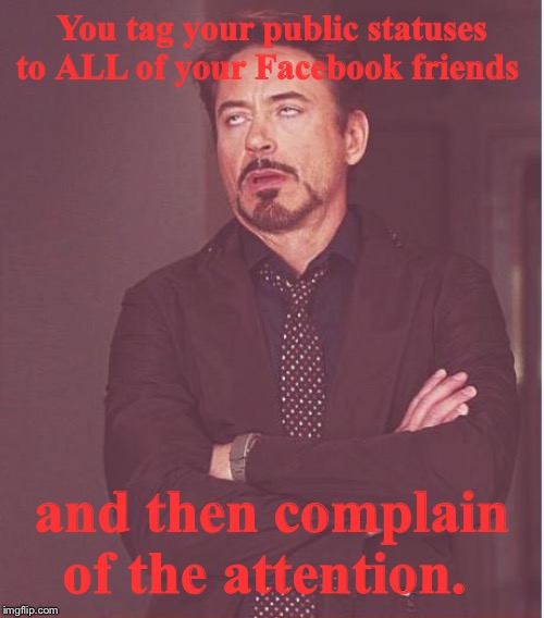 Attention Seekers | You tag your public statuses to ALL of your Facebook friends; and then complain of the attention. | image tagged in memes | made w/ Imgflip meme maker