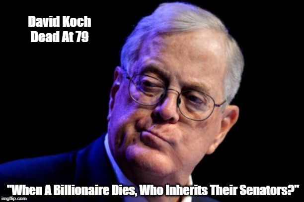 "When A Billionaire Dies, Who..." | David Koch
Dead At 79; "When A Billionaire Dies, Who Inherits Their Senators?" | image tagged in the koch brothers,david koch,billionaire,plutocracy,fat cats,the one percent | made w/ Imgflip meme maker
