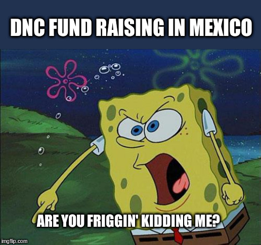 DNC is at it again | DNC FUND RAISING IN MEXICO; ARE YOU FRIGGIN' KIDDING ME? | image tagged in spongebob,political meme,are you kidding me,mexico | made w/ Imgflip meme maker