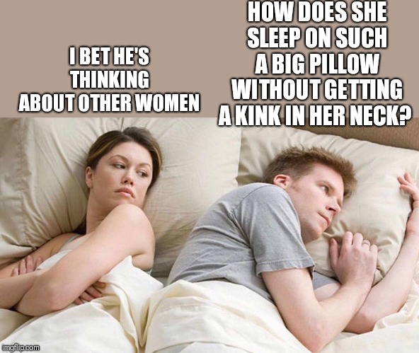 What is your preferred pillow? Do you snooze best on a fluffy down, or 30 lb memory foam rock? R U a side, back or belly sleeper | HOW DOES SHE SLEEP ON SUCH A BIG PILLOW WITHOUT GETTING A KINK IN HER NECK? I BET HE'S THINKING ABOUT OTHER WOMEN | image tagged in i bet he's thinking about other women,pillow,talk | made w/ Imgflip meme maker