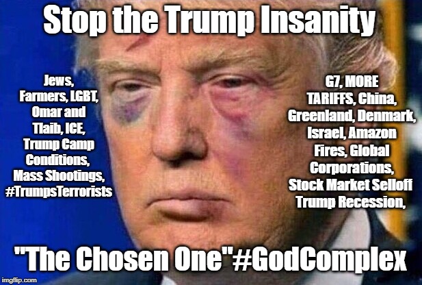 Stop the Trump Insanity: All this happened in 2 weeks. | Stop the Trump Insanity; Jews, Farmers, LGBT, Omar and Tlaib, ICE,
Trump Camp Conditions, 
Mass Shootings, #TrumpsTerrorists; G7, MORE TARIFFS, China, Greenland, Denmark, Israel, Amazon Fires, Global Corporations, Stock Market Selloff 
Trump Recession, "The Chosen One"#GodComplex | image tagged in trump,domestic policy,foreign policy,25ththe45th | made w/ Imgflip meme maker