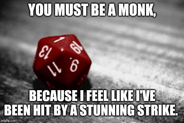 D&D | YOU MUST BE A MONK, BECAUSE I FEEL LIKE I'VE BEEN HIT BY A STUNNING STRIKE. | image tagged in dd | made w/ Imgflip meme maker