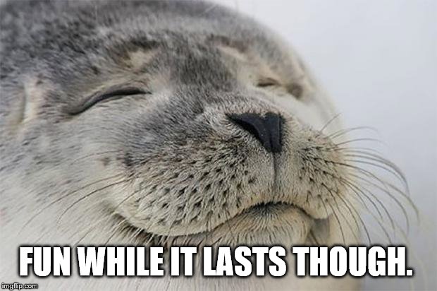 Satisfied Seal Meme | FUN WHILE IT LASTS THOUGH. | image tagged in memes,satisfied seal | made w/ Imgflip meme maker