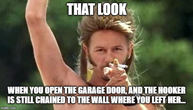 Joe Dirt | THAT LOOK; WHEN YOU OPEN THE GARAGE DOOR, AND THE HOOKER IS STILL CHAINED TO THE WALL WHERE YOU LEFT HER... | image tagged in joe dirt | made w/ Imgflip meme maker