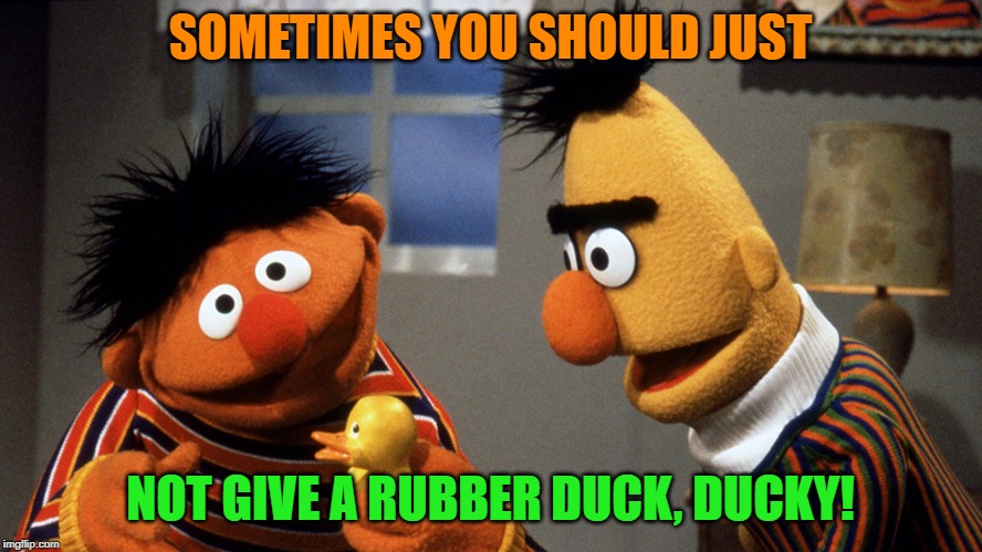 Ernie and Bert discuss Rubber Duckie | SOMETIMES YOU SHOULD JUST NOT GIVE A RUBBER DUCK, DUCKY! | image tagged in ernie and bert discuss rubber duckie | made w/ Imgflip meme maker